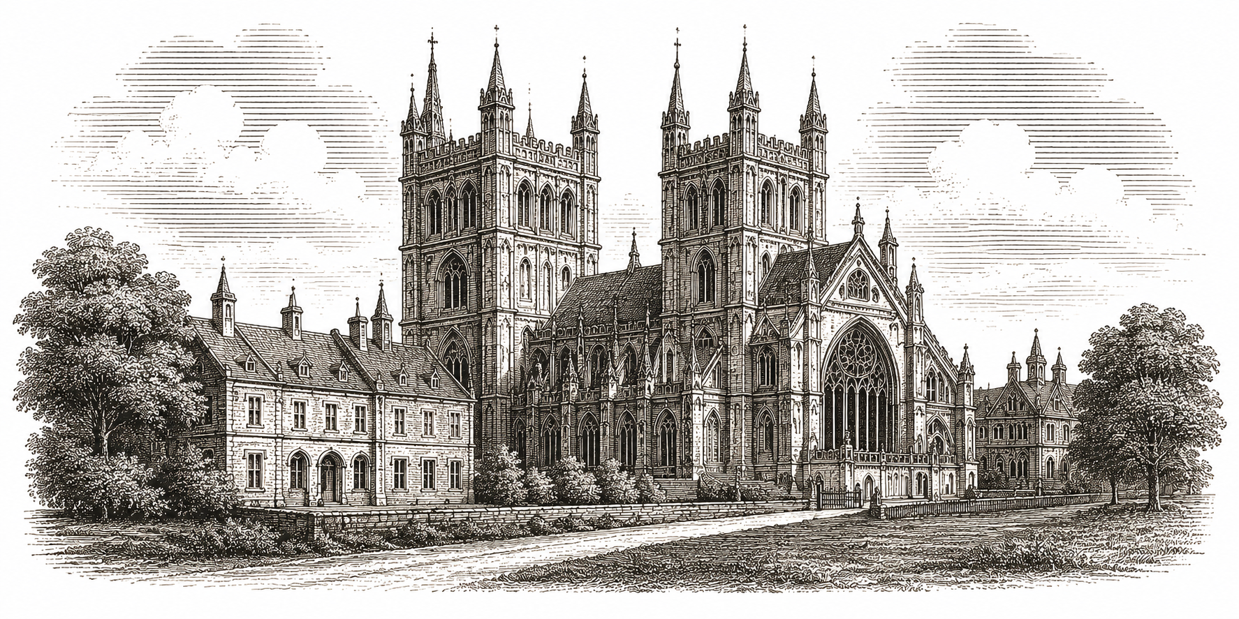 Engraving of Exeter cathedral and townscape
